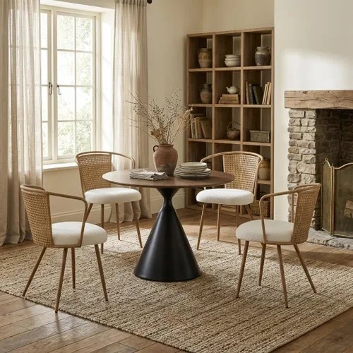 Miniatura 10 de Juego de 4 sillas de comedor de ratán con patas de metal, sillas de comedor modernas tapizadas para cocina, restaurante, comedor, color marrón
