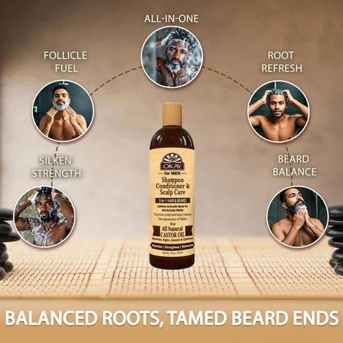 Miniatura 4 de Okay -MEN Champú y acondicionador 3 en 1 - Champú y acondicionador de aceite de ricino, lavado de barba, tratamiento aclarador para cabello seco