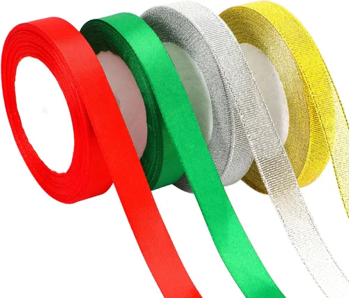 DECYOOL - Cinta de Navidad, 4 rollos de 100 yardas de cintas navideñas para envolver regalos (0.6 in de ancho, rojo, verde, dorado y plateado)