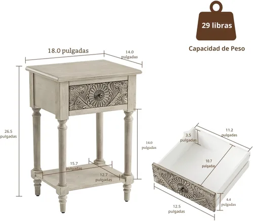 Miniatura 3 de COSIEST Mesita de noche vintage de 2 piezas, mesa de noche MDF de 2 niveles, mesa auxiliar de madera con cajón de almacenamiento y estante abierto