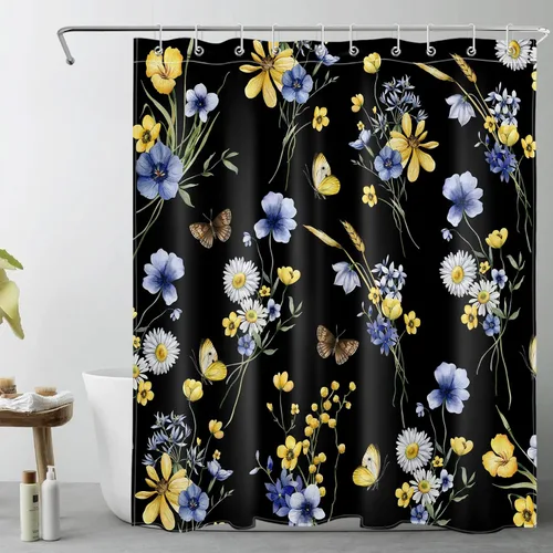 Miniatura 17 de EOBTAIN Cortina de ducha floral de acuarela para baño, margaritas y mariposas sobre tela beige con 10 ganchos, juego de cortinas de baño rústicas