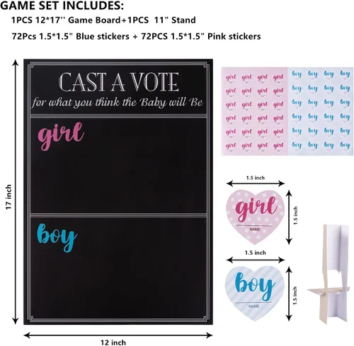 Miniatura 2 de Juego de mesa para revelar el género del bebé con 144 calcomanías de voto para niña o niño, cartel de voto con soporte, diseño de pizarra