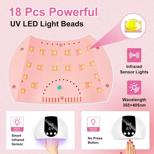 Miniatura 6 de LKE Lámpara de uñas LED UV de 54 W para esmalte de gel con 3 temporizadores, sensor automático, ligero portátil, 18 cuentas avanzadas para bricolaje