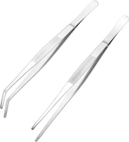 Miniatura 3 de Miupoo Pinzas rectas y curvadas de acero inoxidable, mango largo, juego de pinzas de precisión extralargas con puntas dentadas, plateado, 2 piezas