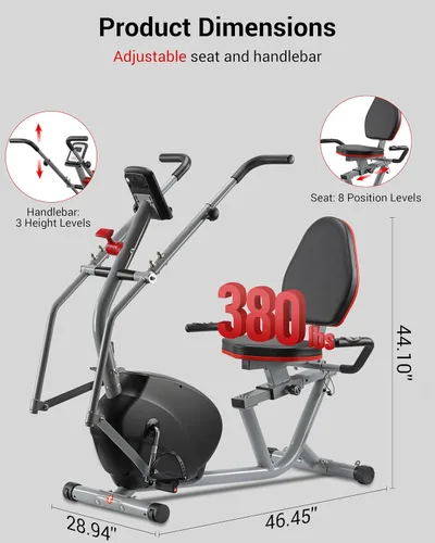 Miniatura 3 de ECHANFIT Recumbent Exercise Bike with Arm Exerciser for Home - Elliptical Recumbent Cross Trainer with Backlit Display, Pulse Sensor, 8-Level