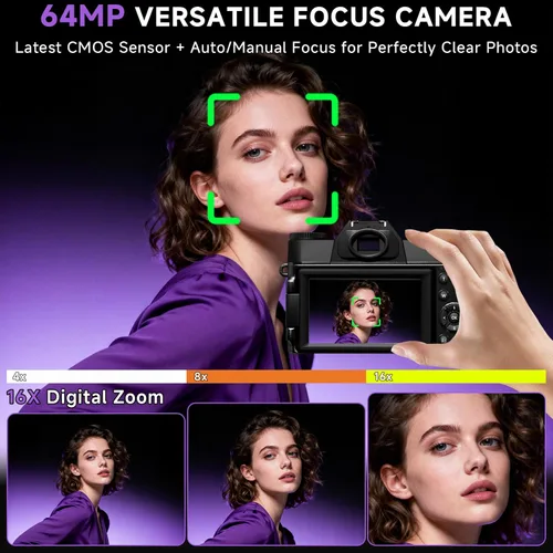 Miniatura 3 de Cámara digital 6K para fotografía con enfoque automático, cámara de videoblogs WiFi de 64 megapíxeles para YouTube con pantalla giratoria de 3" Negro
