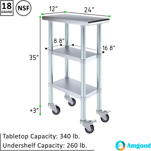 Miniatura 3 de AmGood Stainless Steel Work Table with 2 Shelves and Casters Metal Utility Table On Wheels