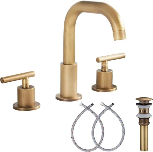 Caño giratorio de 360°, 2 asas, 3 agujeros, 8 pulgadas, grifo de lavabo de baño de latón antiguo a juego con desagüe desplegable para baño