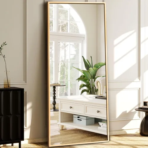 GlasFlength Espejo rectangular de longitud completa de 64 x 21 pulgadas, espejo de pie para vestidor, dorado