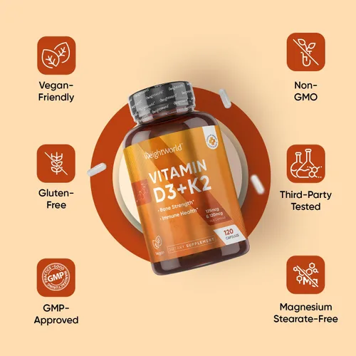 Miniatura 8 de WeightWorld Vitamina D3 K2 5000IU Cápsulas para fortaleza ósea, dientes, salud inmunológica y máxima absorción de calcio – 120 unidades – K2 D3