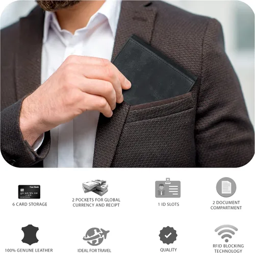 Miniatura 6 de Real Leather Trifold Wallet For Men - Slim Ultra Thin Tri Fold Front Pocket Minimalist Credit Card Holder ID Window Gift Men
