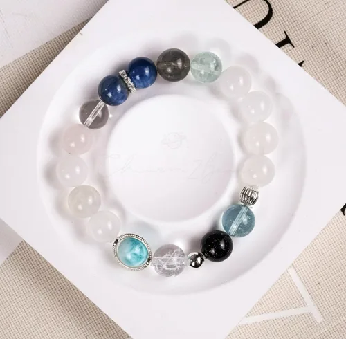 Miniatura 189 de Precious Gemstone Natural Crystal Healing Bracelet, Rutilated Quartz, Moonstone, Quartz Handmade Original Design Bracelet