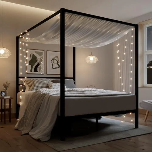 Miniatura 3 de ikalido Marco de cama con dosel de metal tamaño completo, marco de cama con plataforma moderna de cuatro postes, base de colchón, espacio de Negro