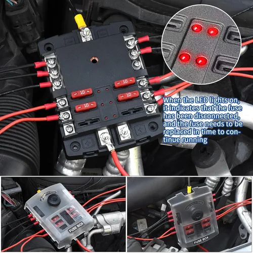 Miniatura 4 de Bloque de fusibles de 6 vías de 12 V con indicador LED, 300/45 A con cubierta antipolvo, terminal positivo individual de 6 vías y portafusibles