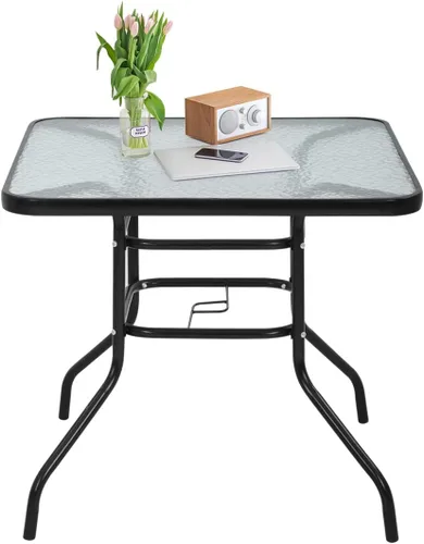 Mesa de comedor cuadrada de 32 pulgadas para exteriores, parte superior de vidrio templado con agujero para paraguas, mesa de patio de metal