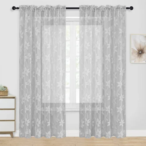Miniatura 56 de DWCN Paquete de 2 cenefas de encaje floral para cocina, 52 x 18 pulgadas, con bolsillo para barra, cortina de gasa para ventana pequeña, cocina