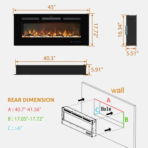 Miniatura 6 de Insertos de chimenea eléctrica de 45 pulgadas, calentador de chimenea empotrado y montado en la pared, chimenea lineal con termostato, control