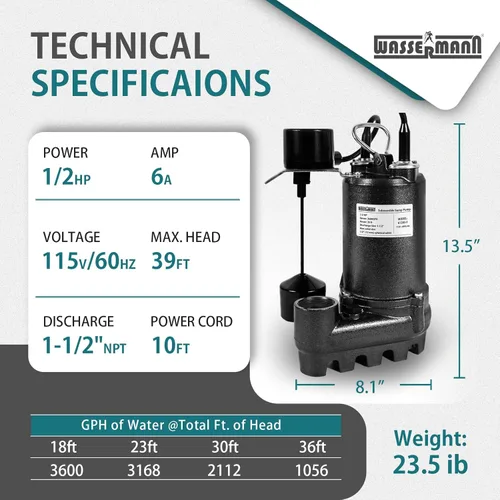 Miniatura 6 de WASSERMANN 1/2HP 3600GPH Bomba de sumidero sumergible de hierro fundido con interruptor de flotador vertical, bomba de aguas residuales de 1-1/2"NPT