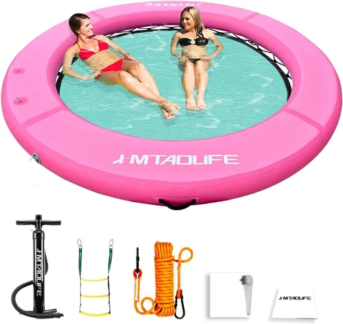 Miniatura 8 de Hamaca de agua inflable Muelle flotante, anillo flotante redondo hamaca flotante inflable para lago, barco, piscina, océano, rosa/verde menta