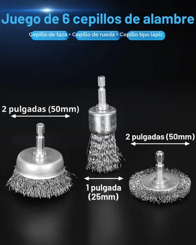 Miniatura 2 de Rocaris Juego de 6 ruedas de alambre de acero al carbono y cepillo para bolígrafo con vástago hexagonal de 1/4 pulgadas para eliminar el óxido