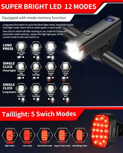 Miniatura 3 de DARKBEAM 6000LM Bike Headlight USB- C Rechargeable, High Lumen Super Bright Bike Light Set for Night Riding, 12+5 Modes Waterproof Bicycle Lights