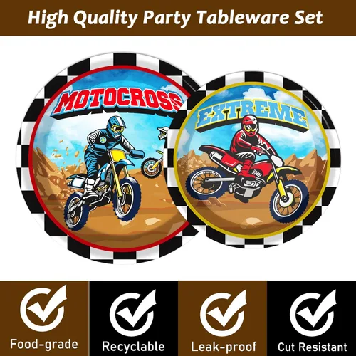 Miniatura 4 de 96 piezas de vajilla para fiesta de motocross de bicicletas de tierra - Sirve para 24, incluye platos, servilletas, decoración para cumpleaños