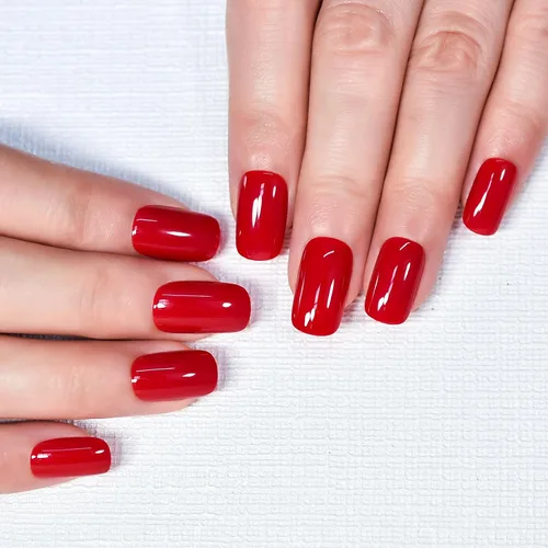 Golssy - Uñas postizas a presión de color rojo brillante chino, uñas postizas cuadradas medias-cortas, gel sólido, decoración acrílica, regalo de
