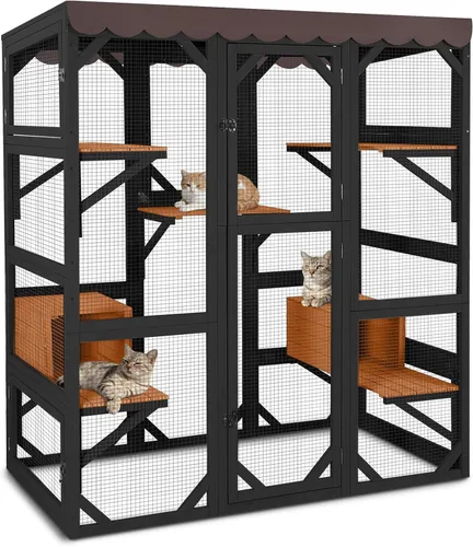 GUTINNEEN Catio - Recinto grande de madera para gatos de 70 pulgadas, jaula para gatos con 7 plataformas, 2 cajas de descanso, cubierta impermeable
