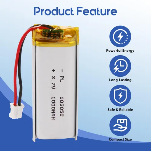 Miniatura 5 de Batería Lipo de 3.7V 1000mAh 102050 Batería recargable de polímero de litio con conector JST PH2.0.000 in para altavoz Bluetooth, GPS, reloj