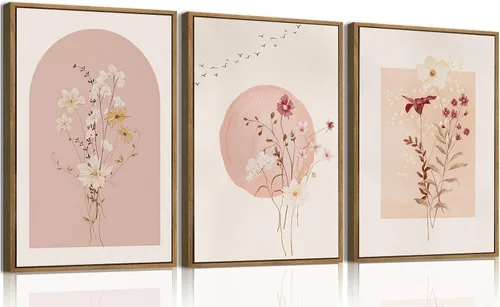 KISSFOX 3 piezas enmarcadas de arte de pared botánico para decoración de pared, flores rosas, flores silvestres, arte en lienzo, acuarela, pinturas