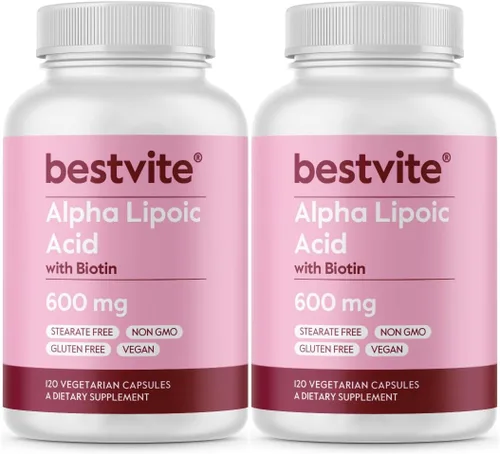 BESTVITE Ácido alfa lipoico de alta resistencia 600 mg (por cápsula) con biotina para mejorar la absorción (240 cápsulas vegetarianas) (2 x 120) sin