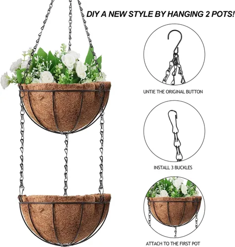 Miniatura 5 de Wizdar 2 macetas colgantes de metal con forro de fibra de coco de 12 pulgadas, soporte redondo de alambre para plantas, decoración de porche, maceta