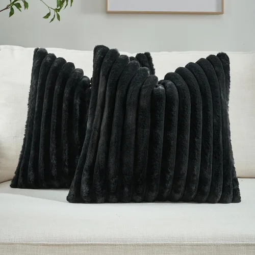 Miniatura 13 de FUTEI - Juego de 2 fundas de almohada decorativas con rayas, cuadradas, para invierno, piel sintética de conejo suave y acogedora y respaldo