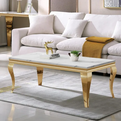 Miniatura 46 de SSLine Mesa de Centro Rectangular de Mármol Sintético para Sala de Estar, Mesa Central Moderna de Mármol Blanco de Lujo con Base Doble en Forma de U