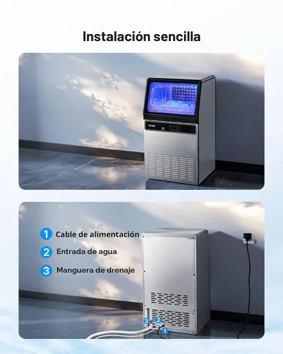 Miniatura 6 de VEVOR Máquina comercial para hacer hielo, 130 libras/24 horas con almacenamiento de 33 libras, 45 cubos por ciclo, acero inoxidable independiente