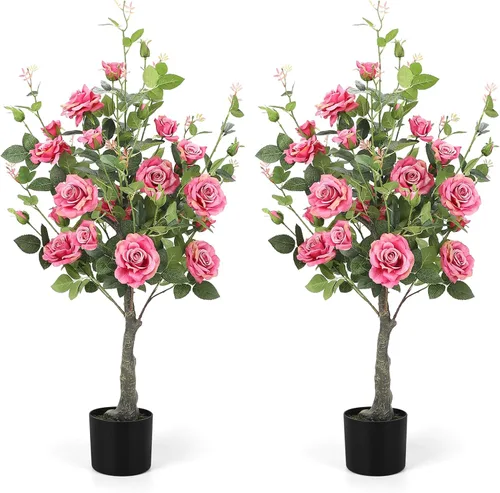 Miniatura 18 de Romantic Season 2FT Orange Artificial Camellia Tree 2Pack, Faux Camellia Plant Fake Potted Camellia Flower Tree for Modern Home Office Living Room