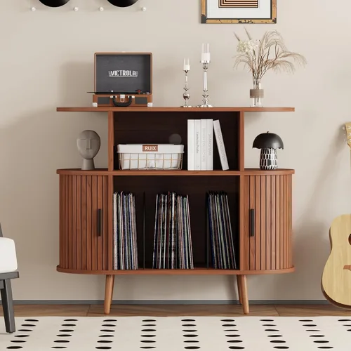 Miniatura 11 de Soporte para tocadiscos de 35.4 pulgadas con almacenamiento, gabinete de almacenamiento de discos de vinilo y consola multimedia con capacidad