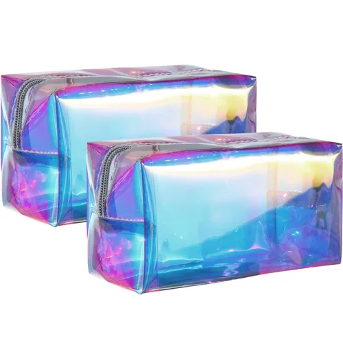 Miniatura 8 de Boao 2 bolsas de maquillaje holográficas iridiscentes transparentes con purpurina, bolsa de cosméticos de viaje, bolsa de aseo con cremallera