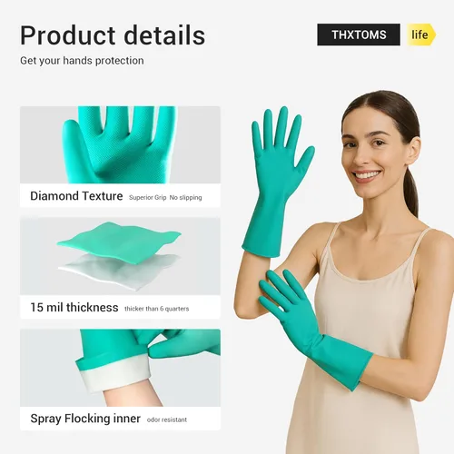 Miniatura 4 de ThxToms 5 pares de guantes de nitrilo resistentes a productos químicos, 15 mil, 13 pulgadas, guantes reutilizables de látex sin goma, resistentes