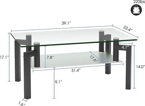 Miniatura 2 de Mesa de centro rectangular de vidrio templado, mesa de té de 2 niveles, mesa auxiliar moderna con estante inferior y patas de madera, mesa de centro