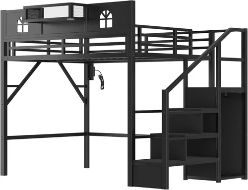 Miniatura 9 de SOFTSEA Cama tipo loft de metal completo con escaleras y armario, cama alta para niños con barandillas en forma de casa y estantes de Negro