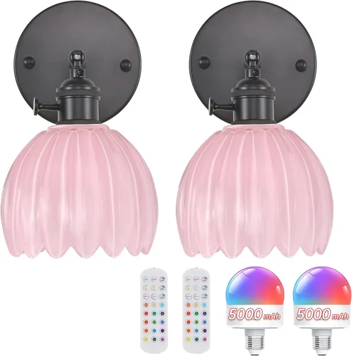 Miniatura 19 de Shenmoyl Candelabro de Pared Operado por Batería con Soporte de Cadena Ajustable, Patrón de Tulipán Verde, Vidrio con Diseño Retro en Oro, Lámpara