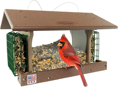 Miniatura 10 de DutchCrafters Comedero colgante de polietileno para pájaros con dos jaulas de soporte para tartas de sebo; alimentador de pájaros duradero