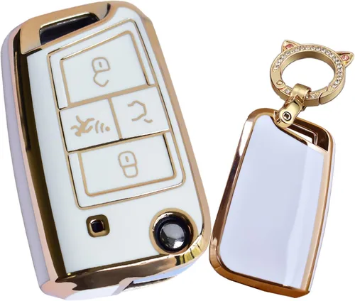 Miniatura 7 de SANRILY Golden-Edge - Funda para llavero de 4 botones para VW Tiguan Golf Jetta Polo Atlas Skoda de protección completa sin llave con llavero