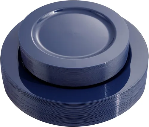 FLOWERCAT 60 platos azules de plástico – platos azules resistentes desechables (10.25 pulgadas y 7.5 pulgadas) – sirven para fiestas de cumpleaños
