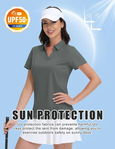 Miniatura 3 de MAGCOMSEN Camisas de golf para mujer, manga corta, cuello polo, cuello en V, secado rápido, protección solar UPF 50+