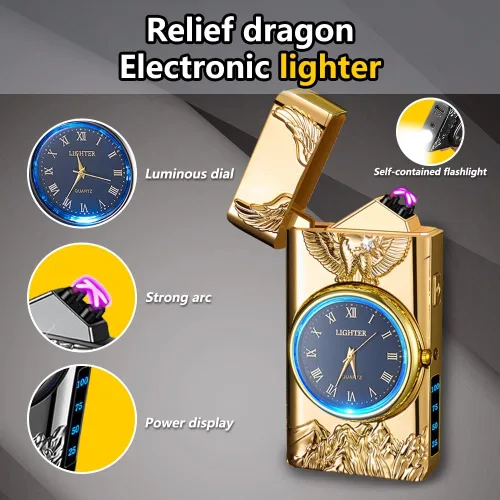 Miniatura 8 de Reloj de Bolsillo con Encendedor de Doble Arco de Plasma Eléctrico con Reloj LED y Linterna, Encendedor USB-C Recargable a Prueba de Viento, Regalo