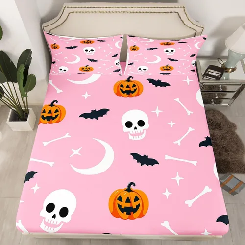 Miniatura 13 de Juego de ropa de cama de Halloween con patrón de sombras kawaii, sábana bajera tamaño queen, decoraciones de calabaza, luces de calabaza góticas