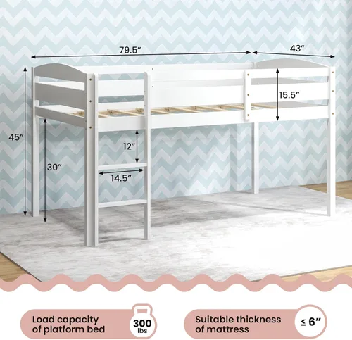 Miniatura 2 de Giantex Cama alta individual con escalera, cama alta de madera de perfil bajo con 30 pulgadas de espacio libre y rieles de protección de seguridad