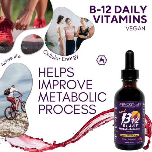 Miniatura 4 de Bricker Labs B12 Blast Metilcobalamina 1000mcg, vitaminas energéticas líquidas sublinguales de gran sabor - Vitaminas B12 veganas, energía sostenida